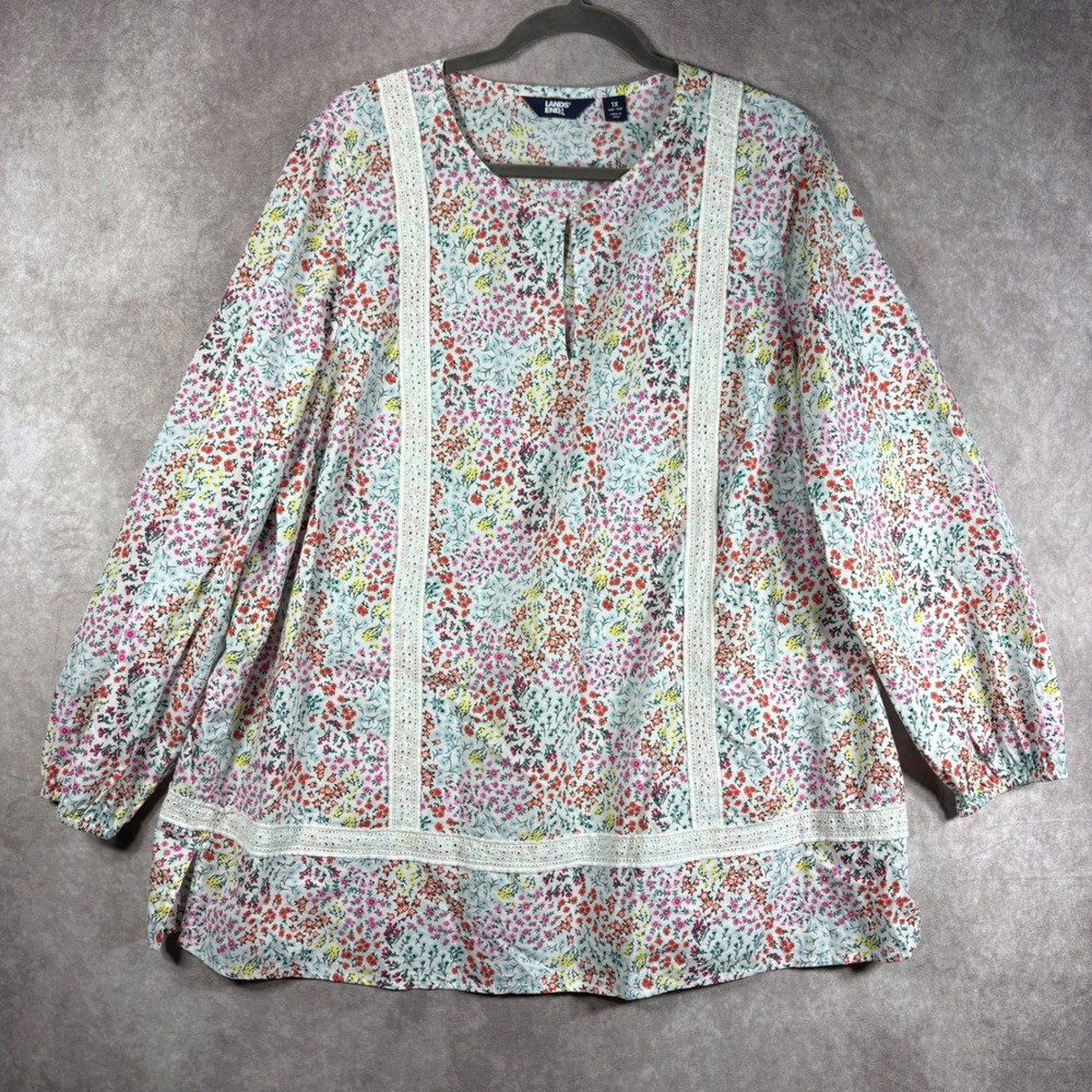 Lands End Blouse Womens 1X Multicolor Floral Peasant Cotton Lace Boho Casual